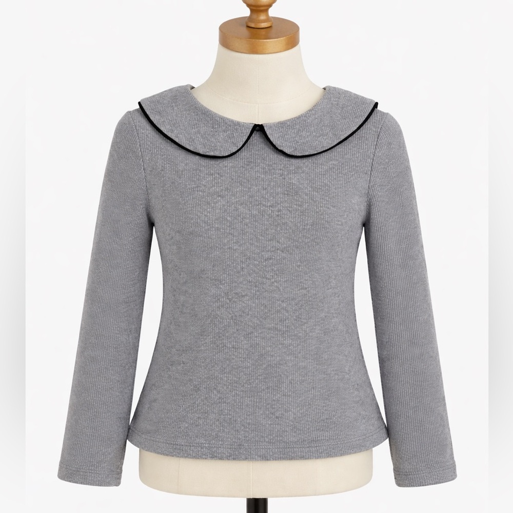 Girls Ribbed Gray Long Sleeve Top Peter Pan Collar Size 8–10
